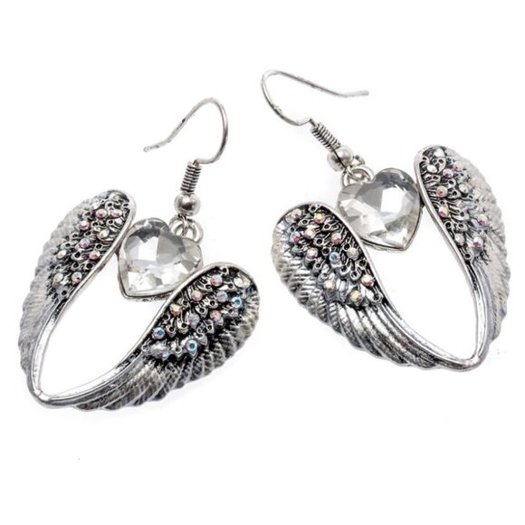 Silver with White Diamond Crystal Angel Wing with Heart Dangling Hook Earrings - Picture 1 of 5
